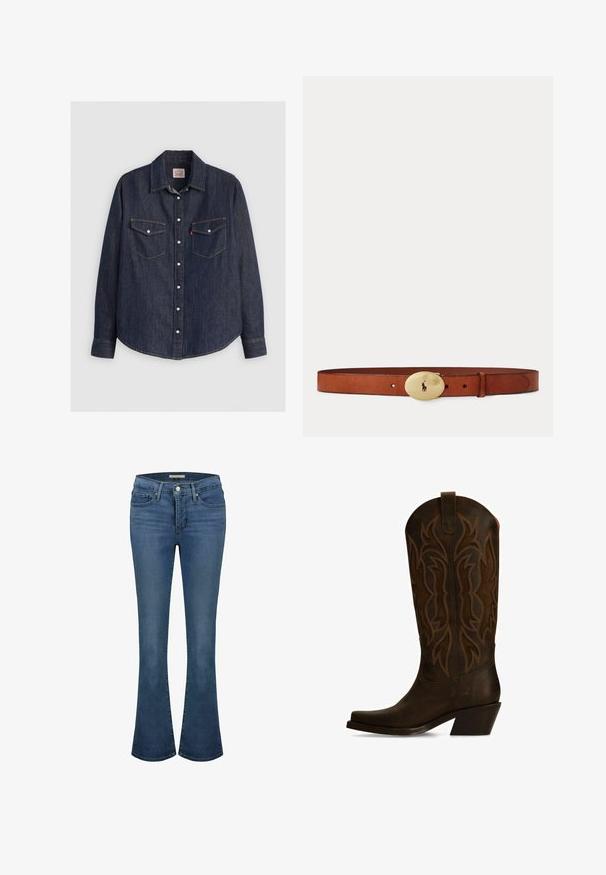Donkerblauwe denim overhemd met lange mouwen, kraag met knopen aan de voorkant, twee borstzakken met kleppen en contrasterende gele stiksels.; Blauwe denim flared jeans met een middelhoge taille, voorzien van stikselaccenten, twee voorkruipzakken en een achterzak met label.; Donkerbruin leren cowboylaars met decoratieve stiksels, spitse neus, trekriem en schuin midhoog hiel.; Bruine leren riem met een glanzende gouden ovale gesp met de silhouet van een polo-speler die een mallet vasthoudt.