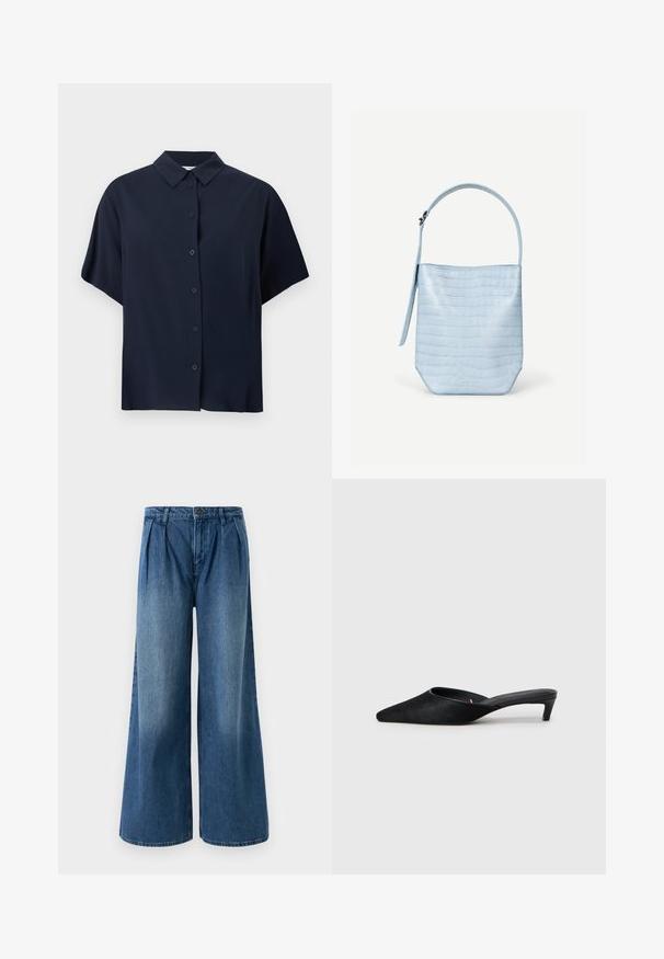 Camisa azul marino de manga corta con botones y cuello clásico, mostrada sobre un fondo blanco.; Pantalones vaqueros de pierna ancha hechos de mezclilla azul media, con plisados en la cintura y un diseño frontal plano. Dobladillo sencillo sin adornos visibles.; Mules de ante negro con puntera afilada y tacón bajo. Presentan una textura suave y una parte trasera abierta para facilitar su uso. Diseño sencillo sin patrones.; Bolso de mano azul claro con textura de cocodrilo, forma rectangular, asa superior única y una correa colgante lateral sobre un fondo blanco liso.