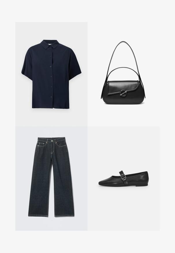 Marineblauw overhemd met korte mouwen en klassieke kraag, weergegeven op een witte achtergrond.; Donkerblauwe jeans met wijde pijpen, knoopsluiting aan de voorkant, rits, lussens voor riem en vijf zakken, tegen een lichte effen achtergrond.; Zwarte leren platte schoen met een ronde neus, een enkele verstelbare gespsluiting en een gladde, glanzende textuur. Minimalistisch ontwerp met een lage hak.; Zwarte leren schoudertas met een gebogen klep die is bevestigd met een ronde metalen sluiting en een smalle, verstelbare band.