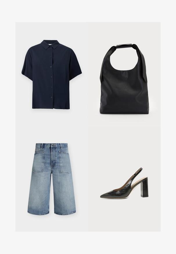 Chemise bleu marine à manches courtes avec col classique, présentée sur fond blanc.; Short en denim bleu clair taille haute, jambes larges, poches plaquées à l'avant, passants pour ceinture et fermeture à boutons.; Chaussure slingback en cuir noir à bout pointu avec un talon bloc haut et une doublure intérieure beige sur un fond clair uni.; Sac à main en cuir noir avec une grande ouverture sur le dessus et une seule bandoulière. Texture douce, design minimaliste, avec des accents métalliques discrets.