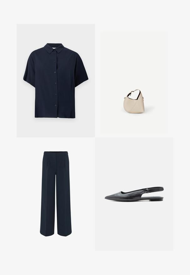 Marineblauw overhemd met korte mouwen en klassieke kraag, weergegeven op een witte achtergrond.; Wijd-uitlopende broek in donkerblauw, met een gladde stof, op maat gemaakte plooien en een hoge taille. Geen zichtbare zakken of versieringen.; Zwart leren platte schoen met spitse neus, slingback en lage hak met verstelbare riem op lichte achtergrond.; Beige leren handtas in halvemaanvorm met een enkele schouderband en minimale stiksels, afgebeeld tegen een effen witte achtergrond.