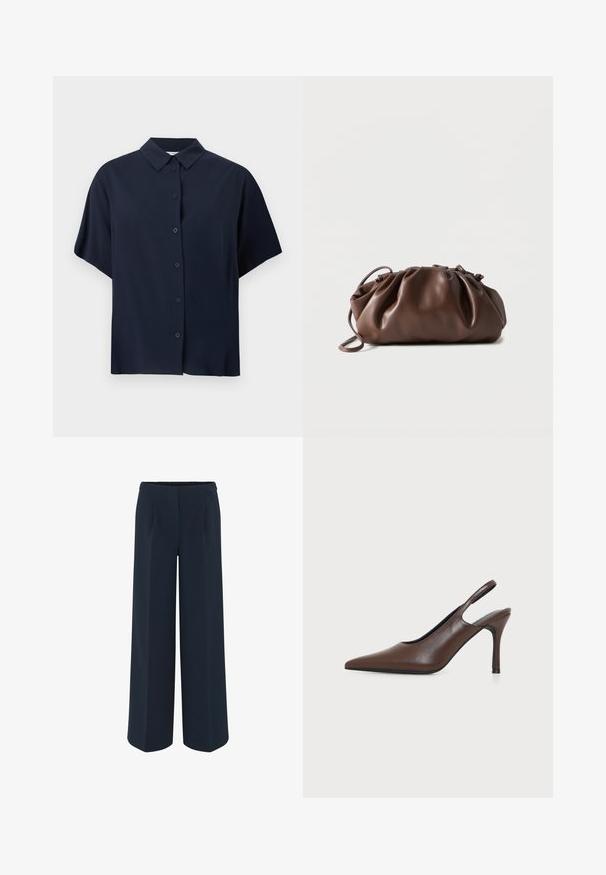 Chemise bleu marine à manches courtes avec col classique, présentée sur fond blanc.; Pantalons large en bleu marine foncé, présentant un tissu lisse, des plis tailleur et une taille haute. Pas de poches visibles ni de décorations.; Chaussure à talon haut slingback en cuir marron à bout pointu avec talon stiletto fin sur fond clair uni.; Sacoche en cuir marron doux avec un haut froncé et une fine bandoulière, posée sur un fond blanc.