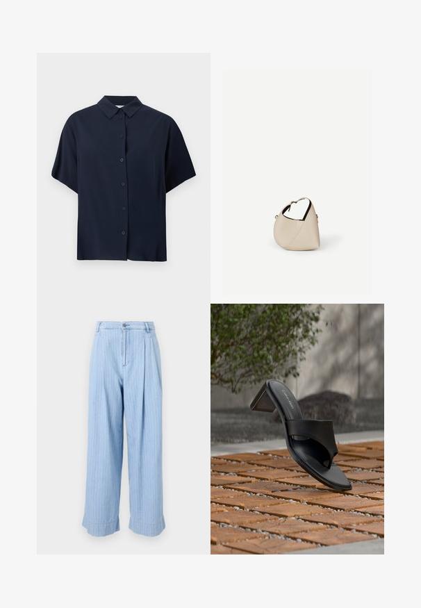Marineblå kortærmet skjorte med knapper og klassisk krave, vist på hvid baggrund.; Lysblå denim bukser med lodrette hvide striber, plisseret front, brede ben og oprullede sømme. Typisk jeansknap og lynlås lukning.; Sort Calvin Klein hælet sandal med tå-loop på trægulv udendørs nær et træ og en stenmur.; Beige læder håndtaske i halvmåneform med en enkelt skulderrem og minimal syning, sat mod en ensartet hvid baggrund.