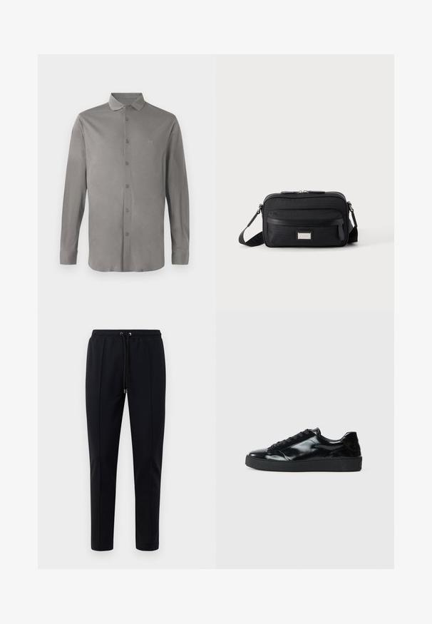 Camisa de manga larga gris hecha de tela suave, con un cierre frontal de botones, un cuello clásico y un sutil logo bordado en el pecho.; Pantalones de chándal negros hechos de material suave y elástico. Cuentan con una cintura elástica con cordones y piernas ajustadas. Sin patrones visibles.; Zapatillas de charol negro con punta redonda, diseño con cordones, suela de goma texturizada y acabado suave.; Bolso bandolera rectangular negro con bolsillo frontal con cremallera, correa ajustable y placa de logo rectangular plateada sobre fondo liso.