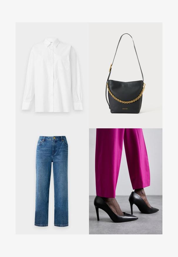 Chemise blanche à manches longues en coton, avec un col classique, un fermeture à boutons et une poche poitrine simple du côté gauche.; Jean taille haute bleu avec une coupe droite, en denim, comportant cinq poches et des détails en métal doré.; Chaussures à talons hauts noires avec un design à bout pointu et une texture en cuir lisse. Associées à des pantalons ajustés rose vif.; Sac à bandoulière en cuir noir avec une large sangle et une chaîne dorée décorative, avec un petit logo doré à l'avant.