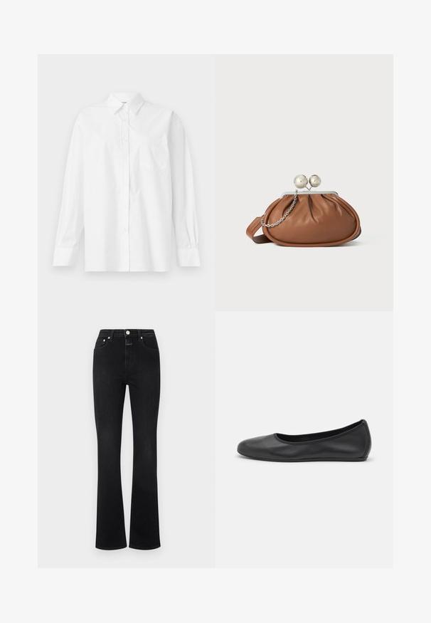 Weißes Langarmhemd aus Baumwolle mit klassischem Kragen, Knopfverschluss und einer Brusttasche auf der linken Seite.; Schwarze, ausgestellte Jeans aus Denim mit hoher Taille, fünf Taschen, goldfarbener Hardware und glatter Textur.; Schwarze Leder-Ballettschuhe mit abgerundeter Spitze, glatter Textur, minimalen Nähdetails und einem flexiblen Sohlen-Design.; Braune Leder-Clutch mit silbernem Kugelverschluss und einem kleinen silbernen Kettendetail auf weißem Hintergrund.
