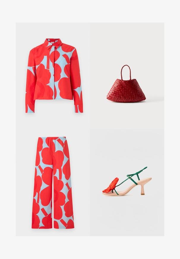 Long-sleeve button-up shirt with large red floral pattern on a light blue background and a classic collar.; Wide-leg pants with large red apple shapes on a light blue background, featuring an elastic waistband.; Loeffler Randall FRANK - Ankle cuff sandals - nude/green/red; Red woven leather handbag with a rounded, triangular shape and two braided handles on a white background.