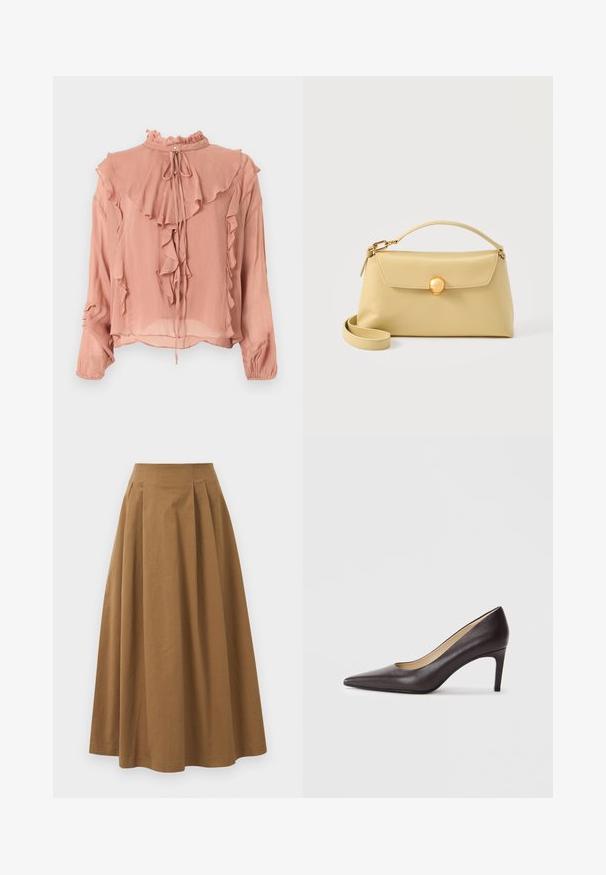 Roze blouse met lange mouwen, een gerimpelde hoge halslijn, gelaagde ruches aan de voorkant en mouwen, en een striksluiting bij de nek.; Bruine katoen A-lijn rok met een hoge taille, voorzien van plooien aan de voorkant en een gladde textuur. De zoomafwerking is schoon en eenvoudig.; Bruine leren pumps met een spits toelopende neus en een slanke hak van 7 cm, met een glad oppervlak en minimalistisch ontwerp. Zonder zichtbare versieringen.; Kleine beige leren handtas met bovenhandvat, gouden ronde sluiting en afneembare schouderriem op een effen achtergrond.