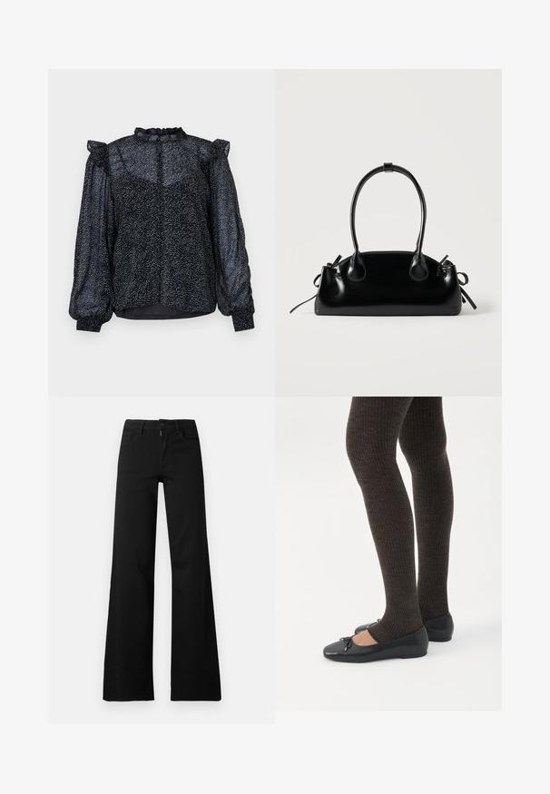 Zwarte blouse met een gespikkeld patroon, doorschijnend materiaal, pofmouwen en een gerimpelde neklijn met een knoopsluiting aan de achterkant.; Zwarte hoge taille wijde broek met knoop- en ritssluiting aan de voorkant, riemlussen en voorzakken op een witte achtergrond.; Benen met donkere geribbelde leggings gecombineerd met zwarte ballerina's met kleine strikdetails op een witte achtergrond.; Kleine zwarte glanzende handtas met twee lange hengsels en zijkant trekkoord details op een effen lichte achtergrond.