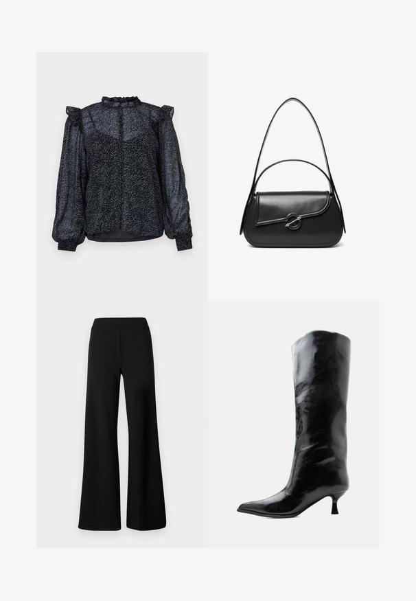 Blouse noire avec un motif moucheté, en matière transparente, avec des manches bouffantes et un col froncé avec une fermeture à bouton à l'arrière.; Pantalons larges noirs en tissu doux et extensible. Dotés d'une taille élastique lisse et d'un design épuré, sans embellissement.; Botte en cuir noire brillante, haute jusqu'au genou, avec bout pointu et talon bas courbé sur un fond clair uni.; Sac à bandoulière en cuir noir avec un rabat incurvé fermé par un fermoir métallique rond et une sangle fine et ajustable.