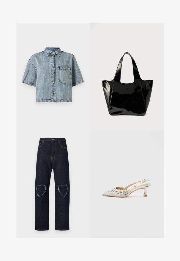 Chemise en denim bleu à manches courtes avec boutons, rayures verticales et une seule poche poitrine sur fond blanc.; Jean en denim bleu foncé avec jambes droites et patchs en forme de cœur usés sur les deux genoux.; Escarpin à talon kitten argenté avec bout pointu, orné de multiples petites perles et strass, et une bride à boucle sur un fond uni.; Sac cabas en cuir verni noir brillant avec de larges anses et un petit logo ovale sur le devant, présenté sur un fond uni.
