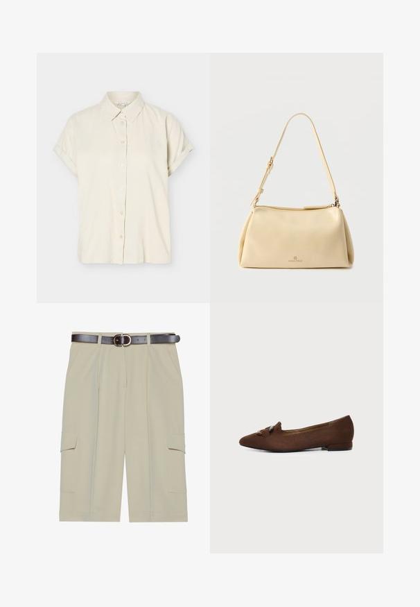 Camisa beige de manga corta con botones, puños doblados y cuello clásico, presentada sobre un fondo blanco.; Pantalones cortos cargo beige con un corte relajado, que presentan dos bolsillos laterales y un cinturón marrón con una hebilla redonda, textura de tela suave.; Zapato plano marrón con puntera puntiaguda y detalle decorativo de hebilla en la parte superior, sobre un fondo claro y liso.; Bolso de hombro beige rectangular con correa ajustable y cierre de cremallera, con un pequeño logo "Anna Field" en el centro frontal.