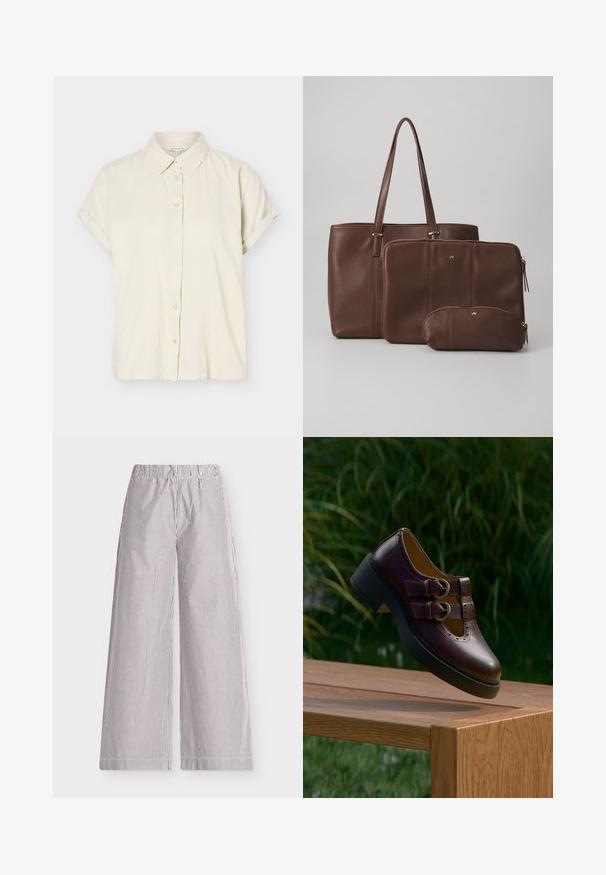 Chemise beige à manches courtes avec boutons, poignets repliés et col classique, présentée sur fond blanc.; Pantalon à jambes larges avec fines rayures verticales noires et blanches, taille élastique et poches latérales sur un fond gris clair.; Chaussure en cuir marron foncé avec double boucle, détails perforés et semelle noire épaisse, suspendue au-dessus d'une table en bois à l'extérieur.; Sac en cuir marron avec deux pochettes assorties ; le sac a de longues poignées, tandis que les pochettes ont des fermetures éclair et des tailles variées. Accents dorés inclus.