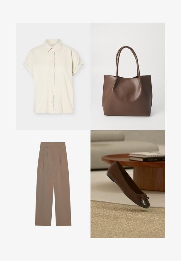 Beige kortærmet skjorte med knapper, foldede manchetter og klassisk krave, vist på hvid baggrund.; Brune plisserede bukser med bred ben-design, der har en flad talje og sidelommer, lavet af et letvægtsstof.; Brun balletflat med sløjfedetalje og tekstureret tåhætte, placeret nær et rundt træ-sofabord med stabler af bøger i en moderne stue.; Brun læder tote taske med to lange håndtag, struktureret form, glat tekstur og minimalistisk design. Ingen synligt hardware eller accenter.