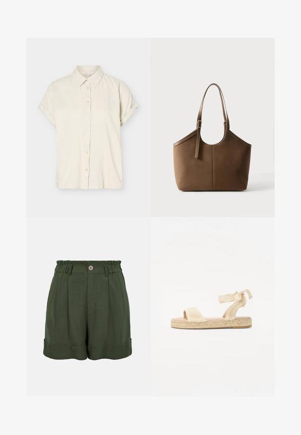 Chemise beige à manches courtes avec boutons, poignets repliés et col classique, présentée sur fond blanc.; Short taille haute vert foncé avec un seul bouton, des passants de ceinture, des plis et des revers.; Sandale espadrille beige avec deux sangles avant et une sangle à nouer à la cheville. Semelle enveloppée de jute, design plat, texture de tissu lisse.; Sac cabas en cuir marron avec bandoulière ajustable et boucle dorée, texture lisse, présenté sur fond blanc uni.