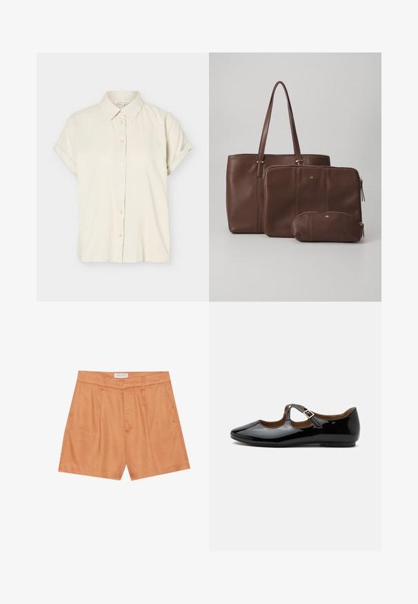 Chemise beige à manches courtes avec boutons, poignets repliés et col classique, présentée sur fond blanc.; Shorts plissés orange en tissu lisse, avec une fermeture éclair à l'avant, des passants de ceinture et des poches latérales. L'étiquette indique "ANNA FIELD."; Chaussure plate Mary Jane en cuir verni noir avec deux découpes et une bride à boucle dorée sur fond blanc.; Sac en cuir marron avec deux pochettes assorties ; le sac a de longues poignées, tandis que les pochettes ont des fermetures éclair et des tailles variées. Accents dorés inclus.
