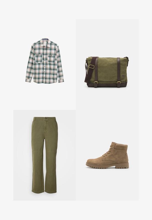 Chemise à manches longues avec un motif carreaux vert, blanc et rouge, deux poches poitrine à boutons à l'avant et un col classique.; Pantalon en coton vert olive avec une coupe droite, fermeture à bouton visible et coutures au niveau des genoux pour plus de détails et de structure.; Bottines en daim beige avec un bout arrondi, un col rembourré, six paires d'œillets et une épaisse semelle en caoutchouc présentant un motif strié.; Sac messager en tissu vert avec des accents en cuir marron, un rabat à l'avant, une bandoulière réglable et une fermeture à glissière sur le dessus. Caractéristiques en métal doré.