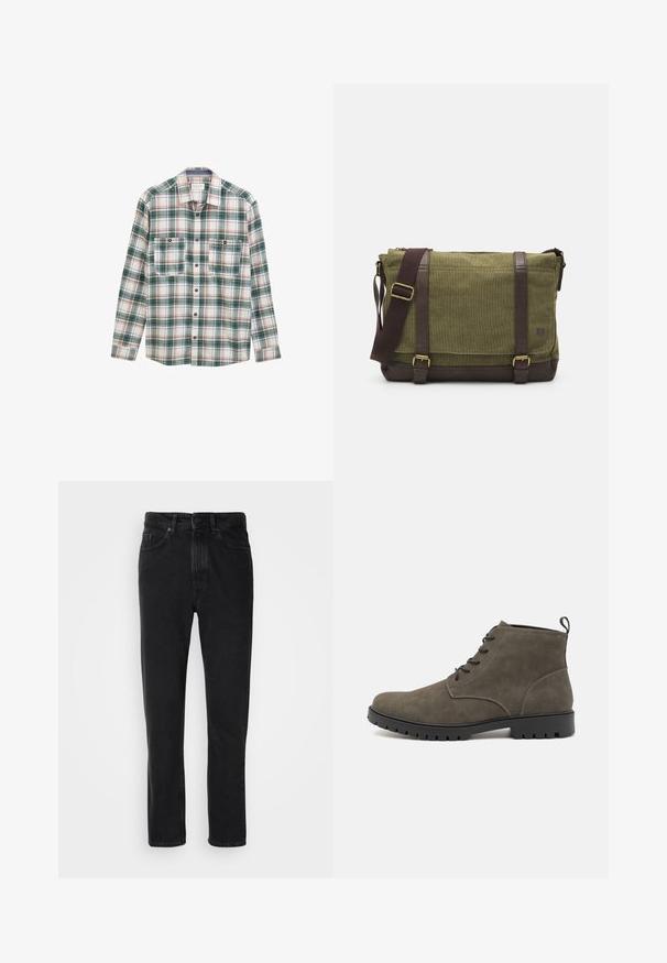 Langärmliges Button-Up-Hemd mit grün-weiß-rotem Karomuster, zwei vorderen, knöpfbaren Brusttaschen und klassischem Kragen.; Schwarze Denim-Jeans mit geradem Beinschnitt, ausgestattet mit einem Knopf- und Reißverschluss, Fronttaschen und subtiler Textur.; Olivgrüne Wildleder-Stiefeletten mit einer schwarzen Gummisohle, sechsfache Schnürung und einer Zuglasche an der Ferse für ein einfaches An- und Ausziehen.; Grüne Stoff-Umhängetasche mit braunen Lederakzenten, einer Vorderklappe, verstellbarem Schultergurt und Reißverschlussverschluss an der Oberseite. Ausgestattet mit goldenen Beschlägen.