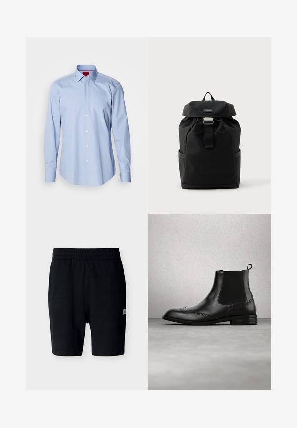 Chemise bleu clair à manches longues en coton. Comprend un col boutonné, des boutons à l'avant et un ourlet droit. Étiquette HUGO à l'intérieur du col.; Shorts décontractés noirs avec taille élastique et petite étiquette logo sur la cuisse droite, présentés sur un fond clair uni.; Botte Chelsea en cuir noir avec des détails brogue, panneaux latéraux élastiques, languette de traction et petit talon, présentée en suspension au-dessus d'un sol d'intérieur moderne.; Sac à dos noir en matériau texturé, doté d'une fermeture à rabat, de bretelles réglables, d'une boucle à l'avant et de poches latérales.