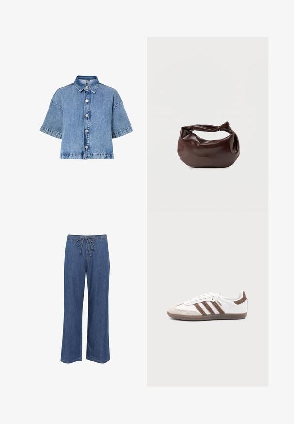Helelehe sinine teksariidest lühikeste varrukatega lühike jakk, millel on teravkrae ja hõbedased esinööbid valgel taustal.; Denim laiad jalgadega püksid, millel on paelu peegel ja keskmiselt sinine värv, sirge lõige ning peened õmbluse detailid.; Valge Adidas Samba toss pruunide seemisnahast triipude, pruuni kummist tallaga ja beežika seemisnahast varbakattaga, kujutatud välisküljelt ühevärvilise tausta peal.; Tumepruunast nahast õlakott, pehme ja lõdva vormiga, keeratud sõlme tüüpi sangaga, valgel ühevärvilisel taustal.