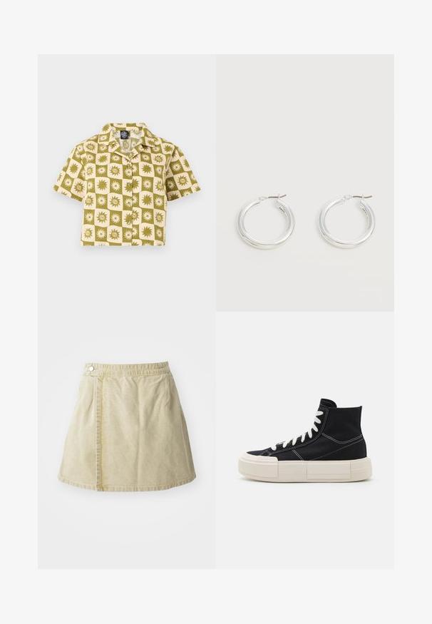 Kortærmet knap-op cropped skjorte med beige og olivengrønt ternet mønster og sol- og swirl-logoer.; Khaki mini nederdel lavet af blødt stof, med lukning på siden, glat tekstur og en let udvidet silhuet med nederkanten over knæet.; Sorte kanvas høj-top sneakers med hvide snørebånd, tyk creme sål, kontrasterende syninger og en rund tådesign.; Par mellemstore skinnende sølv hoops øreringe med tynde metal spænder på en lys neutral baggrund.