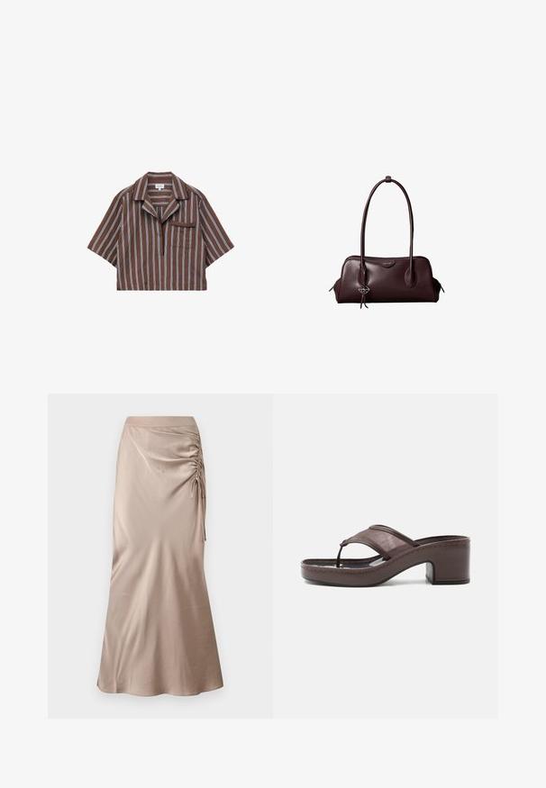 Chemise marron à manches courtes avec des rayures verticales blanches et bleues, col cranté, encolure en V et petite poche poitrine.; Jupe midi en satin de couleur beige douce, avec des détails froncés sur les côtés et une silhouette droite légèrement évasée à l'ourlet.; Sandale marron à talon avec lanière en mesh et design en tige, dotée d'un talon bloc et d'une semelle cousue, présentée de profil sur fond blanc.; Sac à main en cuir brun foncé Calvin Klein avec de longues poignées doubles et un petit porte-clé logo suspendu à une poignée.