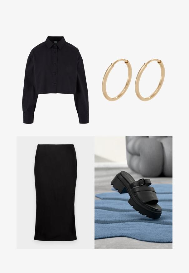 Korte zwarte button-up shirt, gemaakt van katoen, met lange mouwen, een klassieke kraag en een rechte zoom.; Zwarte, aansluitende midi-rok met een zachte textuur, zijsplitdetail en een klassieke tailleband. Ontworpen voor een elegante silhoutte.; Zwarte sandalen met een chunky hak en een gespband, zwevend boven een gestructureerd blauw tapijt, met wazige gebogen benen op de achtergrond.; Gouden creolen met een gladde, gepolijste afwerking. Ronde vorm, middelgrote maat, met een veilige sluitmechanisme.