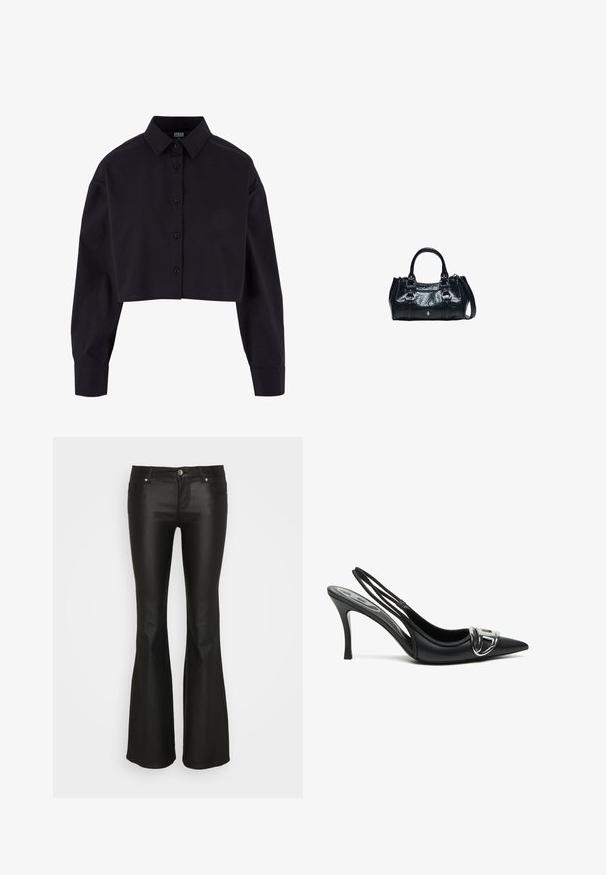 Wenn schwarzes Kurzarm-Hemd aus Baumwolle, mit langen Ärmeln, einem klassischen Kragen und einem geraden Saum.; ONLY ONLTIGER LOW WAISTED FLARED - Stoffhose - black; Schwarze Slingback-Pumps mit spitzem Vorderteil, ausgestattet mit einem glänzenden silbernen Schnallendetail und einem schlanken Absatz. Glattes Lederoberfläche, minimalistische Gestaltung.; Schwarze Lederhandtasche mit zwei oberen Griffen, dekorativen Schnallen und abnehmbarem Schulterriemen auf weißem Hintergrund.