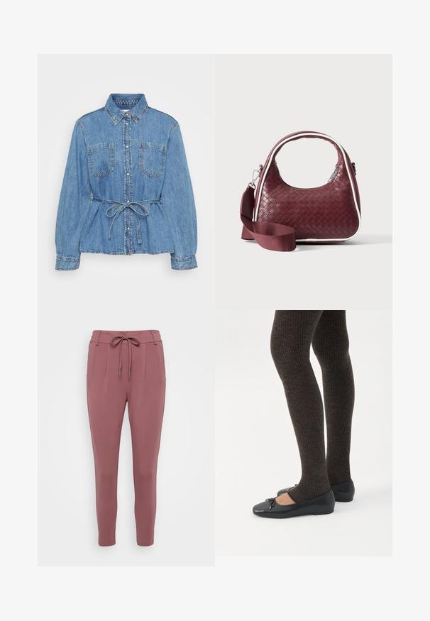 Lyseblå denimskjorte med krave, lange ærmer og to brystlommer. Har et bælte i taljen og knaplukning foran.; Rosa farvede bukser med en snøre i taljen, indsnævrede ben og frontfolder. Lavet af et blødt, strækbart materiale.; Ben iført mørke ribbede leggings kombineret med sorte balletsko med små sløjfedetaljer på hvid baggrund.; Mørkerød vævet lædertaske med buet hank, hvid kant, sølv lynlås og aftagelig bred stofskulderrem mod en ensfarvet baggrund.