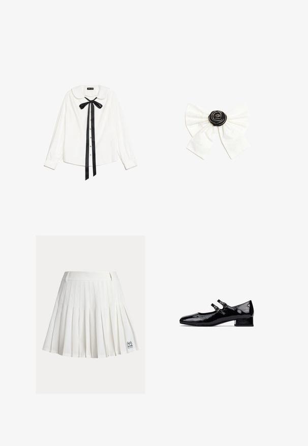 Witte blouse met lange mouwen en een Peter Pan-kraag, zwarte satijnen strik om de nek, en parelknopen aan de voorkant.; Witte geplooide tennisrok met tailleband en klein Wimbledon-logo aan de rechteronderkant.; Zwarte gepatineerde leren Mary Jane-schoenen met een lage blokhak, dubbel bandontwerp en ronde metalen gespen. Glad, glanzend oppervlak.; Witte stoffen strik met een zwarte rozet in het midden, versierd met kleine zilveren kralen op een effen witte achtergrond.
