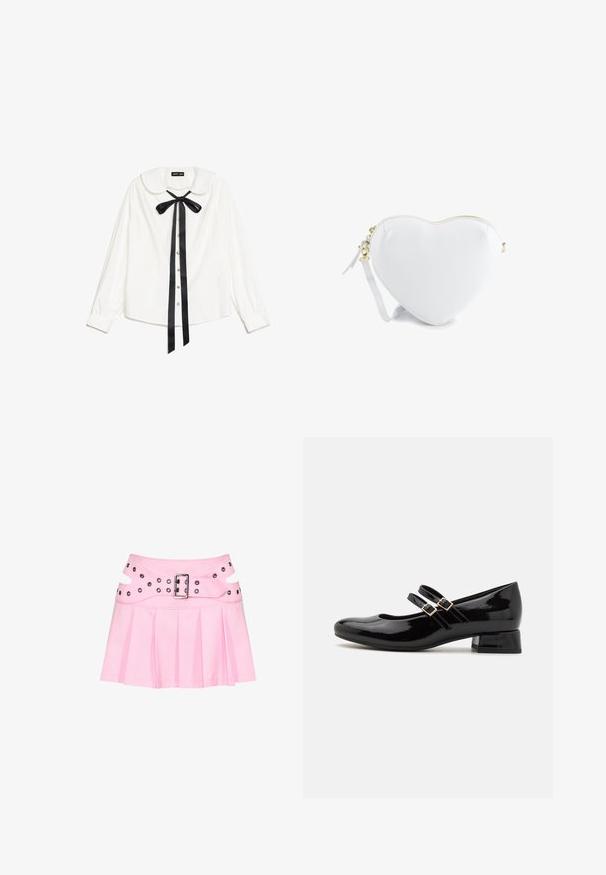 Hvid langærmet bluse med Peter Pan krave, sort satin butterfly ved halsen og perleknapper foran.; Pink plisseret mini nederdel med bred dobbeltlagret linning, sølvspænde og flere nitter til fastgørelse og dekoration.; Sorte patenterede læder Mary Jane sko har en rund tå, to justerbare spænder, og en lav blokhæl. Glat tekstur, minimalistisk design.; Hvid læder hjerteformet håndledspung med guld lynlås og lås, tekstureret overflade og aftagelig rem på hvid baggrund.