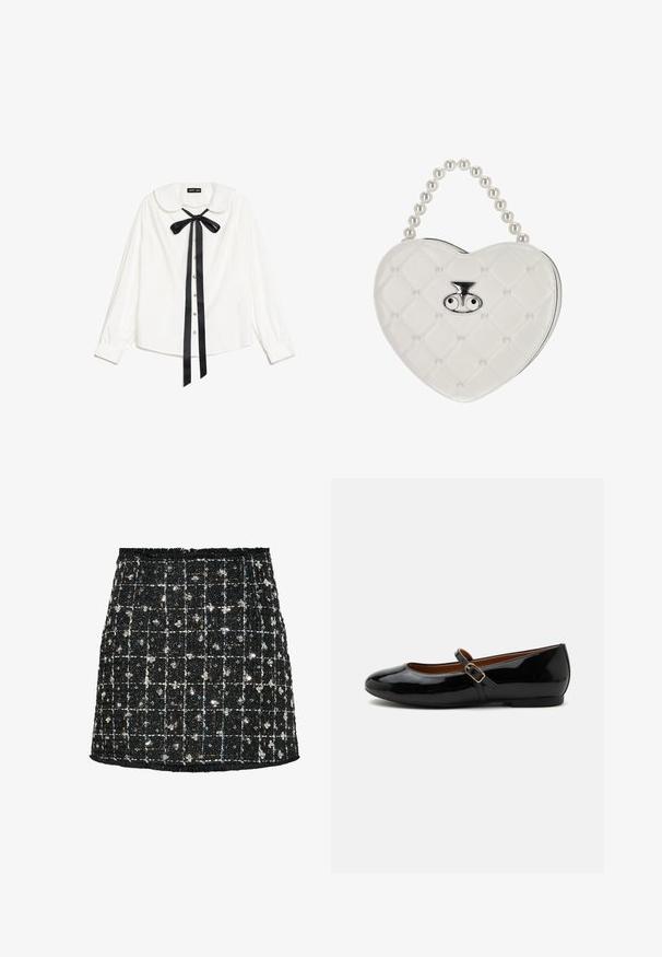 Witte blouse met lange mouwen en een Peter Pan-kraag, zwarte satijnen strik om de nek, en parelknopen aan de voorkant.; Zwarte tweed rok met een ruitpatroon, verfraaid met pailletten en kleine bloemaccenten, met een rafelige zoom en een aansluitend ontwerp.; Zwarte lakleren Mary Jane platte schoen met afgeronde neus en verstelbare zijgesp, weergegeven op een witte achtergrond.; Witte, gewatteerde handtas in hartvorm met parelhandgreep en zilveren sluiting met twee oogvormige details.