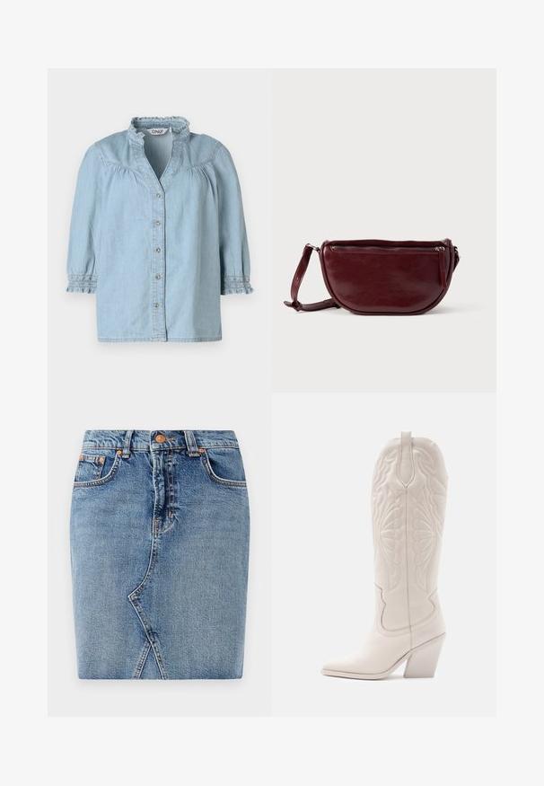 Lyseblå denimskjorte med flæsekrave, 3/4 pufærmer, knaplukning foran og smock-detaljer på ærmerne.; Denimnederdel i mellemblå med et tætsiddende design, forlommer og skrå sømdetaljer. Standard talje med metalknaplukning.; Hvide læder cowboystøvler med spidse tæer og blokhæle. Har intrikate syninger på skaftet og en glat tekstur.; Vinrød læderhåndtaske med halvmåneform, lynlås og aftagelig rem. Glat tekstur med en subtil glans.