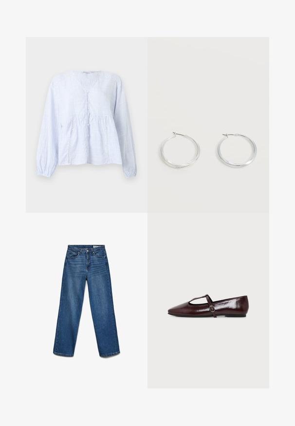 Blusa de manga larga azul claro y blanco con rayas verticales, escote en V, cierre con botones delantero y paneles decorativos de encaje en la parte delantera.; Vaqueros azules de pierna recta con botón y cremallera delanteros, cinco bolsillos y detalles sutiles de desgaste en los muslos.; Zapato plano de cuero burdeos oscuro con punta puntiaguda y una fina tira en forma de T con hebilla plateada sobre un fondo blanco.; Pendientes de aro de metal plateado con superficie lisa y ligeramente curvada y cierre de tipo mosquetón sobre un fondo blanco liso.
