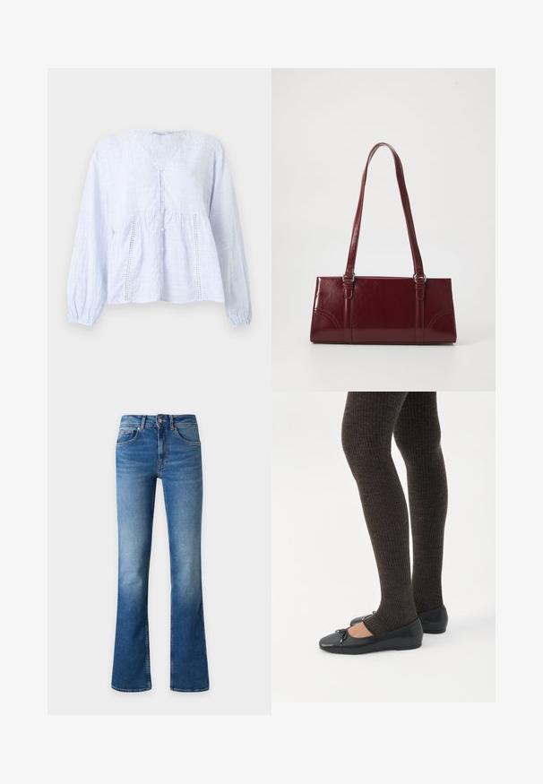 Blouse à manches longues bleu clair et blanc à rayures verticales, col en V, boutonnage devant et panneaux décoratifs en dentelle sur le devant.; Jean en denim bleu avec une légère évasement en bas, fermeture avant par boutons et fermeture éclair, et poches avant sur un fond uni.; Jambes portant des leggings côtelés foncés associés à des ballerines noires avec de petits détails en nœud sur fond blanc.; Sac à main bordeaux en matériau brillant, de forme rectangulaire, avec deux anses et des accents légèrement courbés à l'avant.