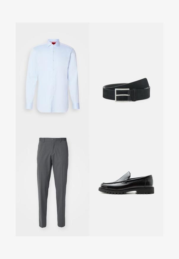 Camisa de botones de manga larga en azul claro con cuello extendido, dobladillo redondeado y botones blancos. Tejido suave con un brillo sutil.; Pantalones grises hechos de una tela suave, con cierre de botón, bolsillos delanteros y un diseño ajustado.; Mocasín de cuero negro con suela de goma gruesa, empeine cosido y nombre de la marca en relieve en el talón, mostrado en perfil lateral sobre fondo blanco.; Cinturón de ante negro con hebilla de metal plateado, diseño plano y costura en contraste a lo largo de los bordes. Textura suave en general.