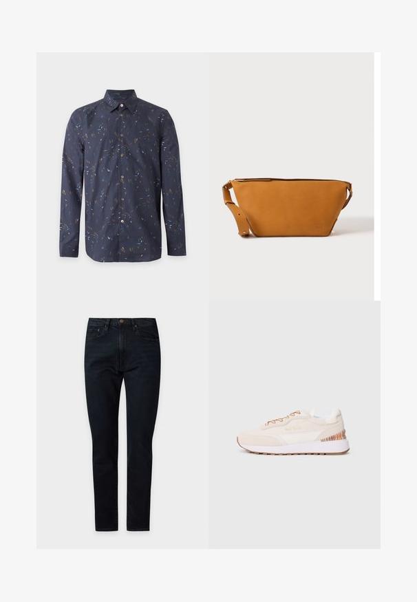 Camisa azul marino de manga larga con botones, con estampado abstracto de pinceladas multicolor y cuello clásico puntiagudo.; Vaqueros negros de corte ajustado con botón y cremallera delanteros, estilo de cinco bolsillos, mostrados planos sobre un fondo claro.; Zapatillas con un upper de ante beige, acentos blancos, suela de goma marrón y detalle de rayas coloridas en el talón; cuenta con cordones marrones.; Bolso bandolera de cuero marrón claro con correa ajustable y cierre de cremallera, mostrado sobre un fondo claro y liso.