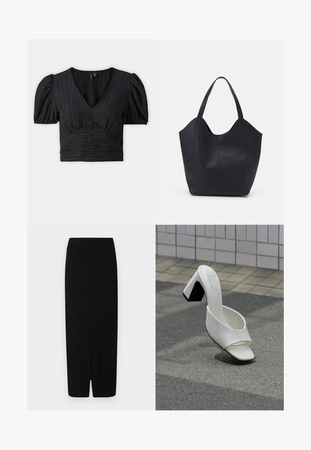 Sort cropped bluse med en tekstureret, plisseret design. Har en dyb V-hals og pufærmer, hvilket skaber en feminin silhuet.; Sort blyantskørt lavet af glat stof, med høj talje, to frontfoldninger og en slids i kanten for bedre bevægelsesfrihed.; Enkelt hvid åben tå mule med blokhæl står på grå asfalt mod en flisebelagt væg.; Sort tote taske lavet af glat læder, med en buet, åben top, to skulderstropper og et minimalistisk design.