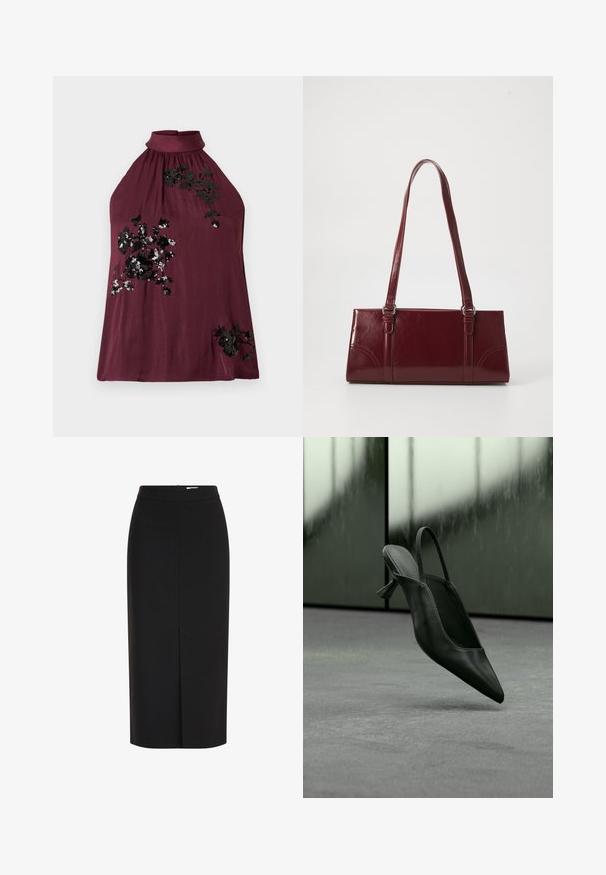 Bordeauxrotes Neckholder-Top aus weichem Stoff, mit schwarzer Blumenstickerei und Pailletten auf der Vorderseite sowie einem gerafften Ausschnitt.; Schwarzer Midirock mit hoher Taille, Bleistiftschnitt, vorderem Schlitz und verdecktem Reißverschluss vor weißem Hintergrund.; Schwarzer Slingback-Highheel aus Leder mit spitzer Schuhspitze, schwebt über grauem Teppichboden, unscharfer grünlicher Wandhintergrund.; Burgunderfarbene Handtasche aus glänzendem Material, rechteckige Form, mit zwei Schulterriemen und subtilen, geschwungenen Akzenten an der Vorderseite.