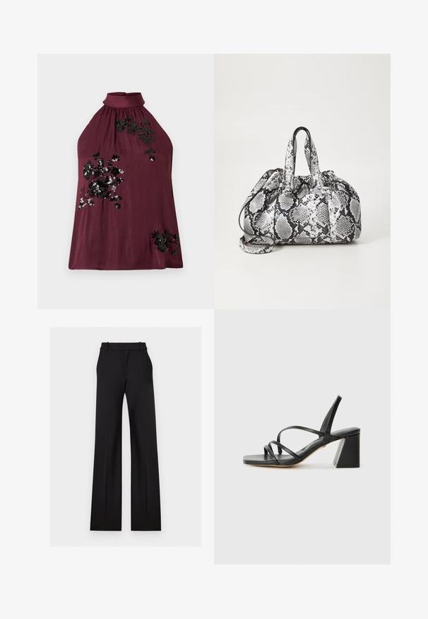 Haut dos nu bordeaux en tissu doux, orné d'une broderie florale noire avec des paillettes sur le devant, et doté d'un col froncé.; Pantalon noir taille haute, large, confectionné sur mesure, avec passants de ceinture et poches avant sur un fond clair uni.; Sandales noires à talons avec un bout carré, présentant plusieurs fines bretelles et un talon bloc géométrique. Texture en cuir lisse et design minimaliste.; Sac à main en motif peau de serpent noir et blanc avec deux poignées, une fermeture à cordon et une bandoulière amovible. Texture lisse.