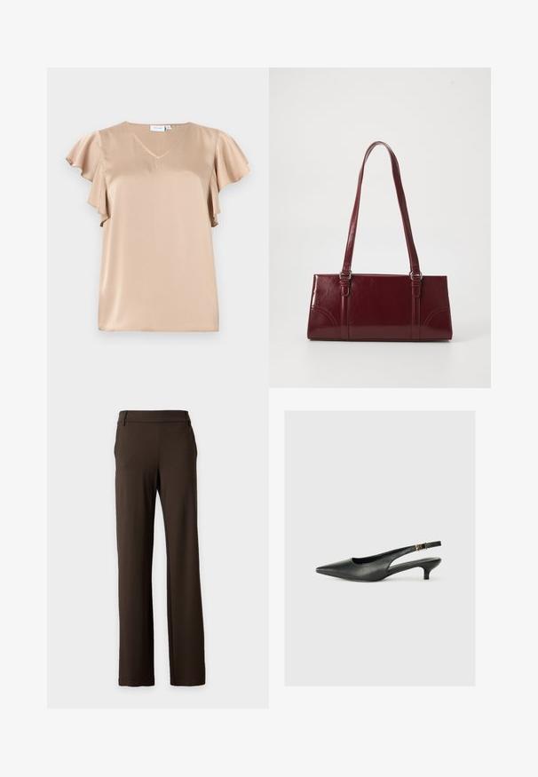 Beige satijnen blouse met korte vlindermouwen en V-hals, gladde textuur en losse pasvorm.; Donkerbruine broek met rechte pijpen, ceintuurlussen, zijzakken en een strak voorkant ontwerp op een effen lichte achtergrond.; Zwarte puntschoen met slingback van soepel leer. Kenmerkt zich door een dunne hak en een gespdetail op de verstelbare band.; Bourgondische handtas van glanzend materiaal, rechthoekige vorm, met twee schouderbanden en subtiele gebogen accenten aan de voorkant.