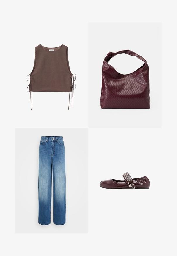 Ærmeløs brun cropped top med bindebånd i siderne, rund halsudskæring og glat stof, designet til et tætsiddende look og justerbar pasform på begge sider.; Højtaljede bredbenede blå jeans med falmede detaljer, frontlukning med knap og lynlås samt fem-lomme design.; Bordeaux læderballetsko med rund tå, elastisk rem med sølvøjer og en blød, samlet hæl for ekstra komfort.; Burgunderfarvet taske med et tekstureret, vævet mønster, blødt lædermateriale og et enkelt, knyttet håndtag. Rummeligt, hobo-stil design.
