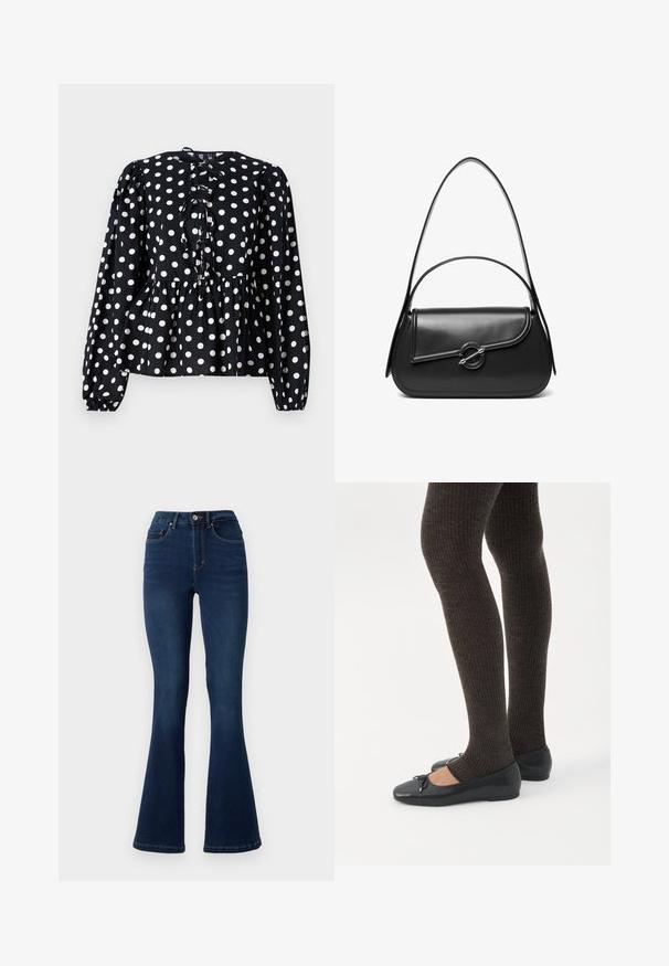 Blouse noire à manches longues avec des pois blancs, dotée d'une taille plissée, d'un dos froncé et d'une fermeture par bouton en forme de clé au niveau du cou.; Jean flare en denim bleu foncé à taille haute, comportant cinq poches, des passants de ceinture et des détails de couture subtils sur les coutures.; Jambes portant des leggings côtelés foncés associés à des ballerines noires avec de petits détails en nœud sur fond blanc.; Sac à bandoulière en cuir noir avec un rabat incurvé fermé par un fermoir métallique rond et une sangle fine et ajustable.