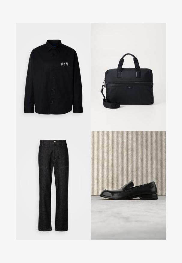 Schwarzes Baumwollhemd mit Knopfleiste, Kragen und langen Ärmeln. Zeigt ein weiß besticktes Logo auf der linken Brustseite.; Schwarze Jeans mit geradem Bein, sichtbaren Nähten und einem Frontknopfverschluss. Enthält zwei Seitentaschen und zwei Gesäßtaschen.; Schwarzer Leder-Loafer mit Metallakzent, der schwebend über einem beigen Teppich präsentiert wird, im Hintergrund ein runder, bernsteinfarbener Tisch.; Schwarze Nylontasche für Laptops mit zwei Griffen, einem abnehmbaren Trageriemen, einer Reißverschlusstasche und dezentem Branding. Strukturierte Oberfläche mit schlankem Design.