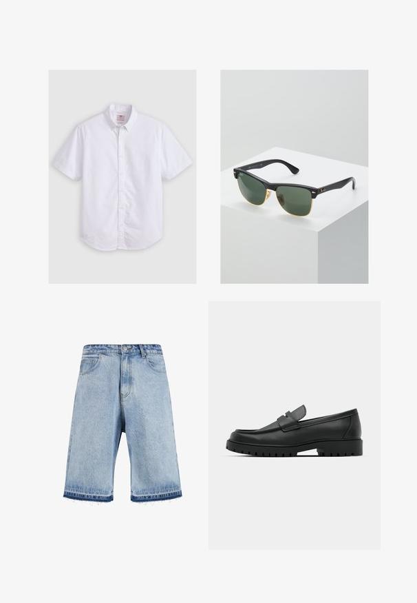Kurze weiße Baumwollbluse mit Button-Down-Kragen, subtiler Textur, abgerundetem Saum und traditioneller Knopfleiste.; Helles blaus Denim-Shorts mit einem ausgefransten Saum, ausgestattet mit einem klassischen Fünf-Taschen-Design und einem Knopfverschluss vorne. Leicht ausgebleichte Waschung.; Schwarze Lederloafer mit runder Zehenform, ausgestattet mit einem gesteppten Design, niedrigem Plattformsohle und einer strukturierten, genoppten Gummisohle.; Ray-Ban Sonnenbrillen mit grünen Gläsern, schwarzen Kunststoffrahmen und goldenen Akzenten an den Rändern. Quadratische Form mit matter Oberfläche.