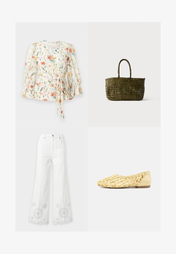 Blouse portefeuille à manches longues avec imprimé floral, poignets volantés, col en V et ceinture nouée à la taille en couleurs pastel douces sur fond blanc.; Jean blanc taille haute à jambes larges avec broderie florale en œillet et ourlets festonnés.; Chaussure plate en cuir tressé jaune clair avec talon fermé et design en treillis ouvert, adaptée pour un usage décontracté.; Sac cabas tissé vert olive avec deux poignées arrondies sur un fond clair uni.