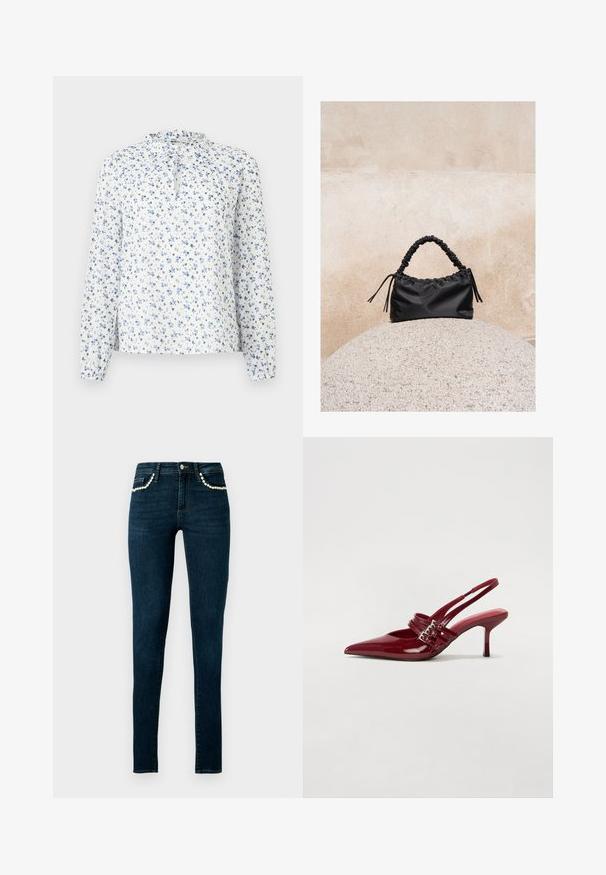Blouse blanche à manches longues avec motif floral bleu, col à volants et détail noué à l'avant.; Jean skinny bleu foncé taille haute avec des accents en perles soulignant les poches avant, présenté sur un fond clair uni.; Escarpins slingback en cuir verni rouge avec un bout pointu, deux brides à boucle et un talon aiguette slim de hauteur intermédiaire. Texture lisse.; Sac à main noir froncé avec une poignée froncée, posé sur une sphère en pierre texturée devant un mur en béton beige.