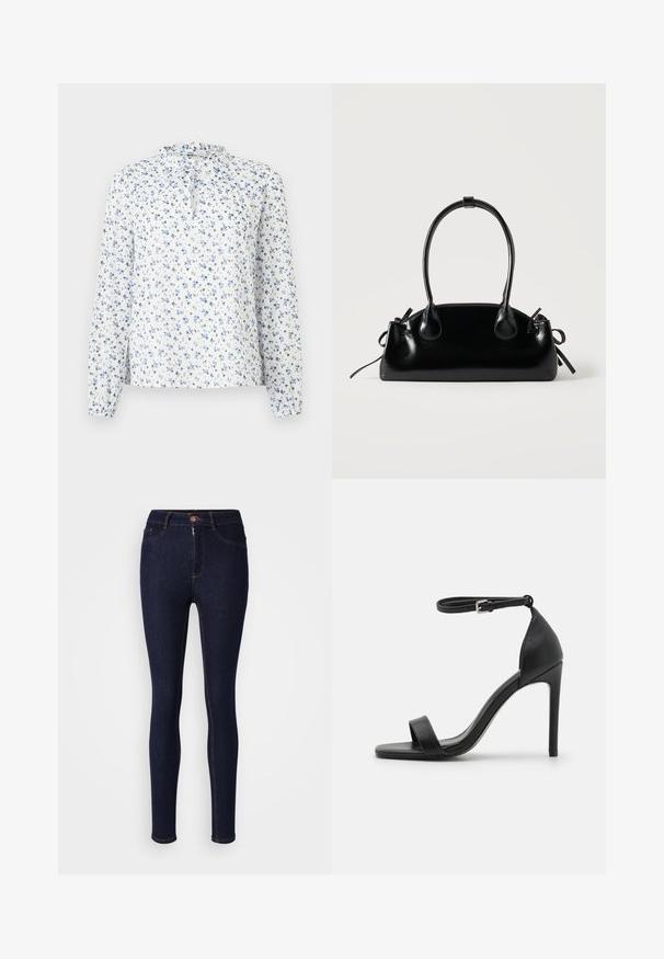 Blusa blanca de manga larga con estampado floral azul, cuello con volantes y detalle de lazo en el frente.; Jeans skinny azul oscuro de mezclilla, con cierre de cremallera y botón, y costuras en contraste a lo largo de las costuras.; Sandalia de tacón alto negra con un diseño elegante, que cuenta con una correa en el tobillo, punta abierta y una textura de cuero suave.; Pequeño bolso negro brillante con dos asas largas y detalles de cordón lateral sobre un fondo claro liso.