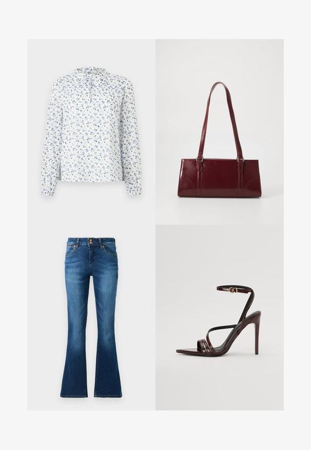 Witte blouse met lange mouwen, blauwe bloemenprint, geplooide kraag en strikdetail aan de voorkant.; Blauwe denim flared jeans met voorzakken, ceintuurlussen en dubbele knoopsluiting, weergegeven op een effen achtergrond.; Bordeaux gepatineerde leren hoge hakken sandaal met een enkelbandje, puntige neus en drie horizontale banden over de voet. Details met gouden gesp.; Bourgondische handtas van glanzend materiaal, rechthoekige vorm, met twee schouderbanden en subtiele gebogen accenten aan de voorkant.