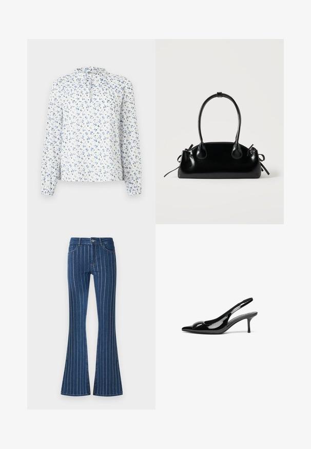 Blouse blanche à manches longues avec motif floral bleu, col à volants et détail noué à l'avant.; Jean en denim bleu évasé avec des rayures verticales blanches, une fermeture éclair à l'avant et des poches. Le tissu a un aspect légèrement texturé.; Escarpins slingback en cuir verni noir avec un bout pointu et une finition brillante. Présente un talon fin et un accent arrondi au dessus du pied.; Petit sac à main noir brillant avec deux longues anses et des détails à cordon sur les côtés sur un fond clair uni.